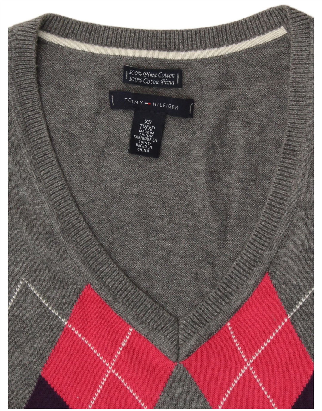 TOMMY HILFIGER Womens V-Neck Jumper Sweater UK 6 XS Grey Argyle/Diamond