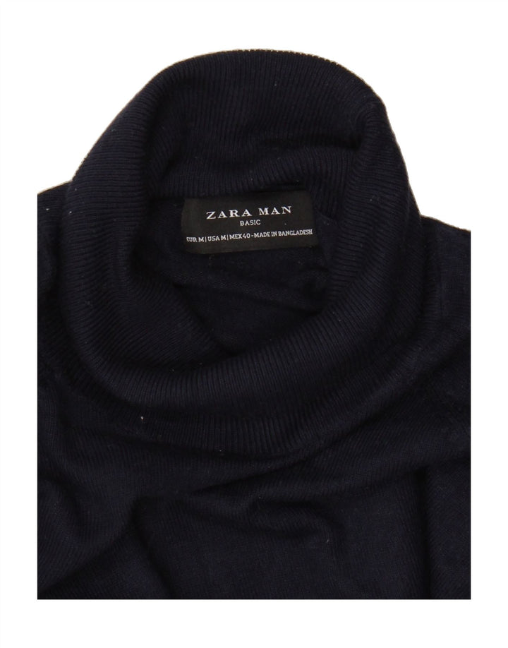 ZARA Mens Roll Neck Jumper Sweater Medium Navy Blue Viscose Vintage Zara and Second-Hand Zara from Messina Hembry 