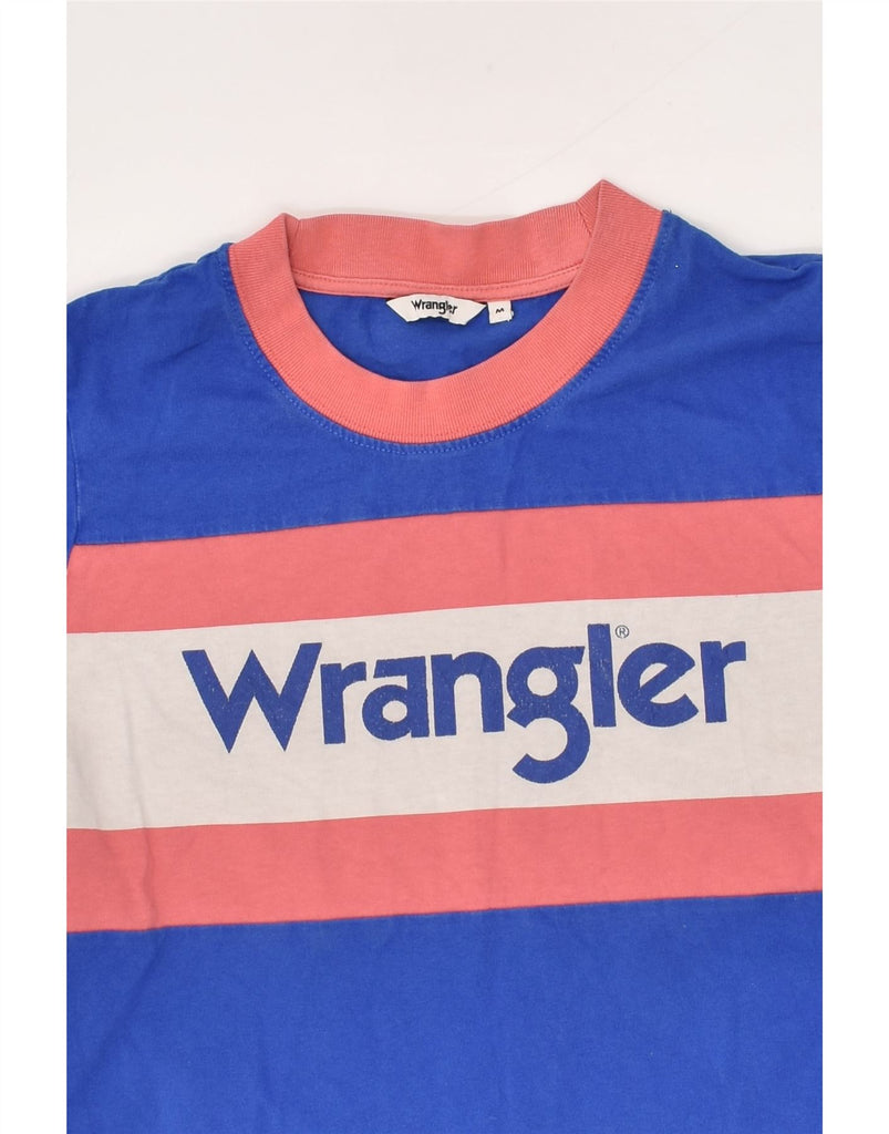 WRANGLER Womens Graphic T-Shirt Top UK 14 Medium Blue Colourblock Cotton | Vintage Wrangler | Thrift | Second-Hand Wrangler | Used Clothing | Messina Hembry 