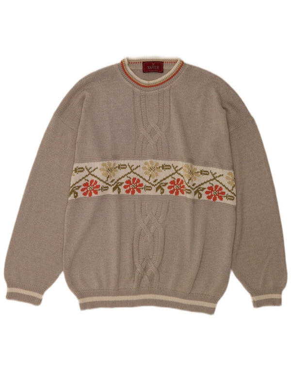 Vintage Mens Crew Neck Jumper Sweater XL Grey Floral Cotton