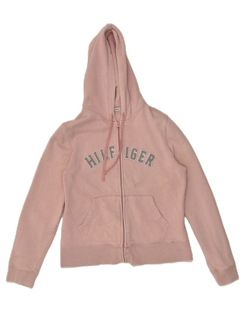 TOMMY HILFIGER Womens Graphic Zip Hoodie Sweater UK 14 Medium Pink Cotton | Vintage Tommy Hilfiger | Thrift | Second-Hand Tommy Hilfiger | Used Clothing | Messina Hembry 