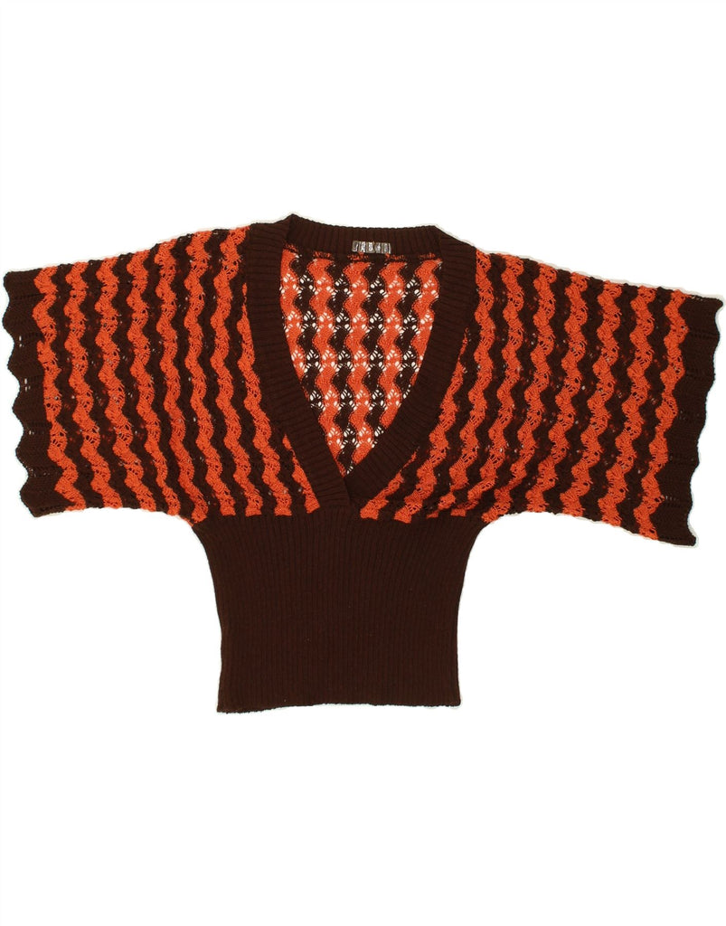 VINTAGE Womens Crop Short Sleeve V-Neck Jumper Sweater UK 12 Medium Brown | Vintage Vintage | Thrift | Second-Hand Vintage | Used Clothing | Messina Hembry 