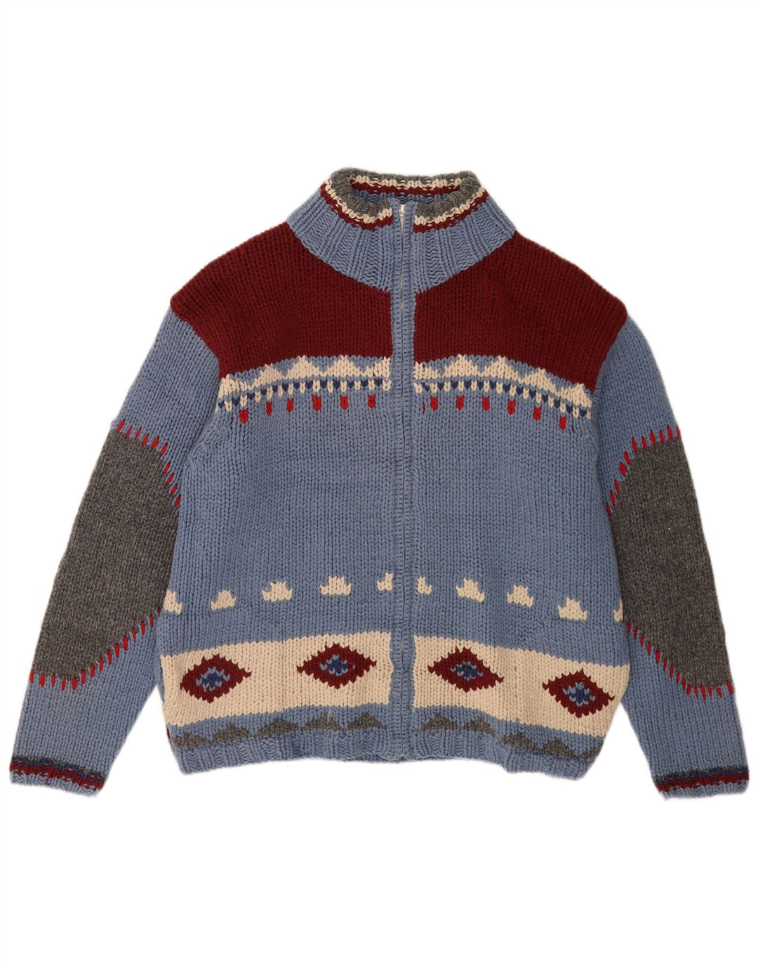S.Moritz Mens Handmade Cardigan Sweater Large Blue Geometric Wool Novelty