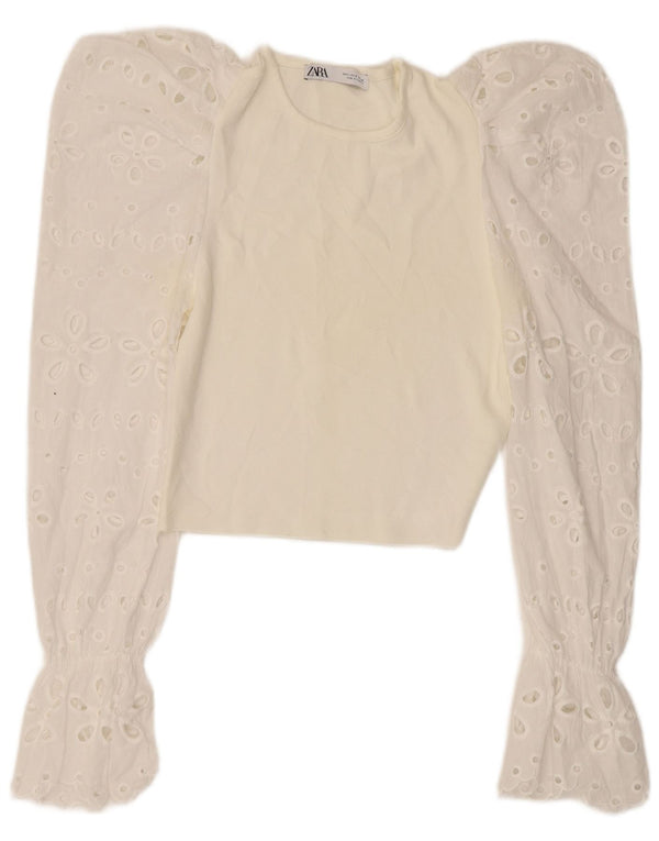 Zara Womens Crop Top Long Sleeve UK 8 Small White Floral