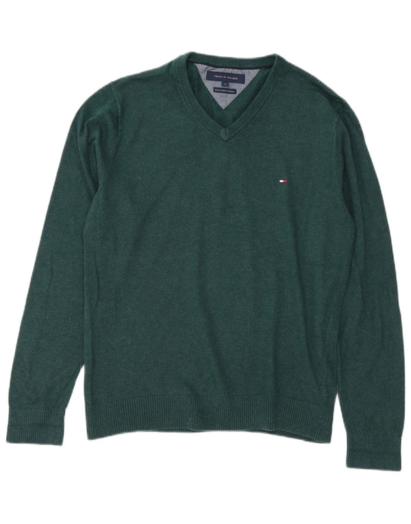 Tommy Hilfiger Mens V-Neck Jumper Sweater Medium Green Cotton
