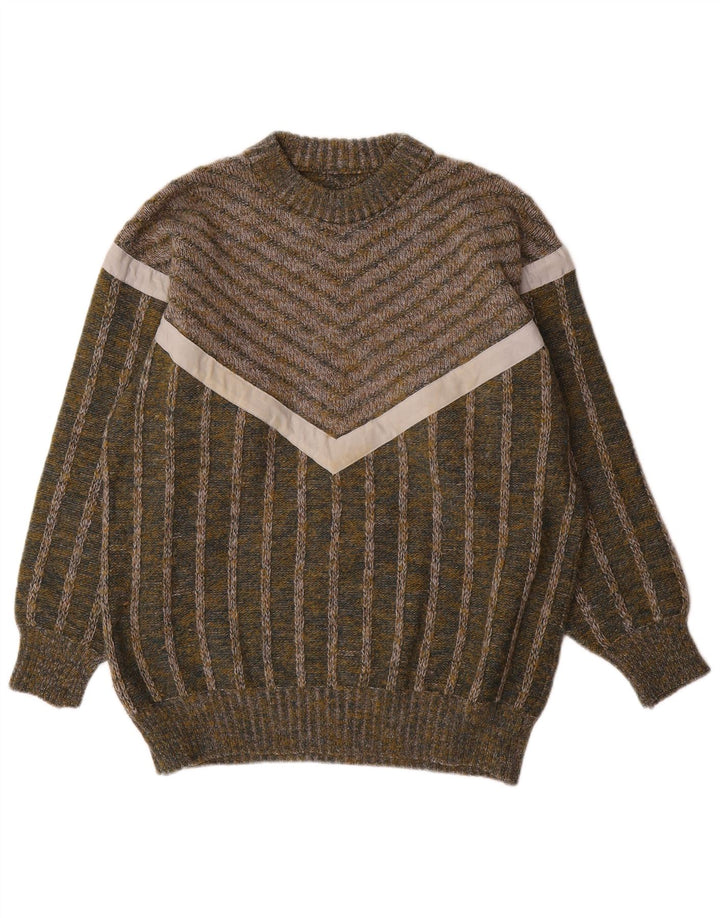 Vintage Mens Crew Neck Jumper Sweater Medium Green Striped