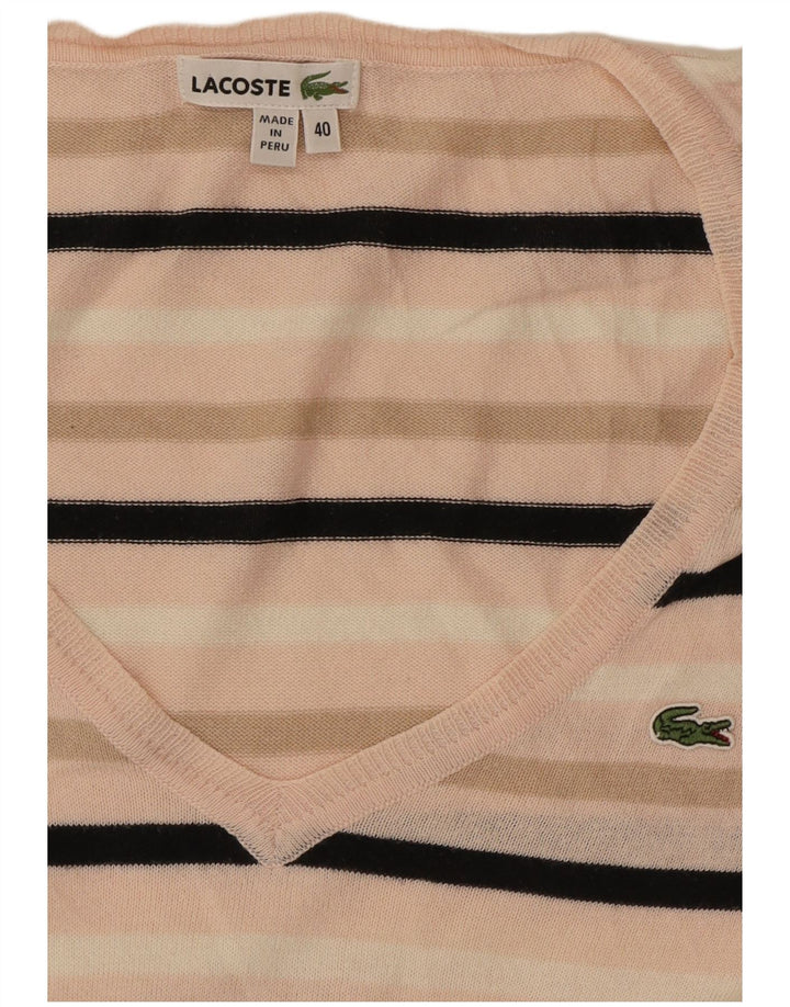 Lacoste Womens V-Neck Jumper Sweater Size 40 Medium Pink Striped
