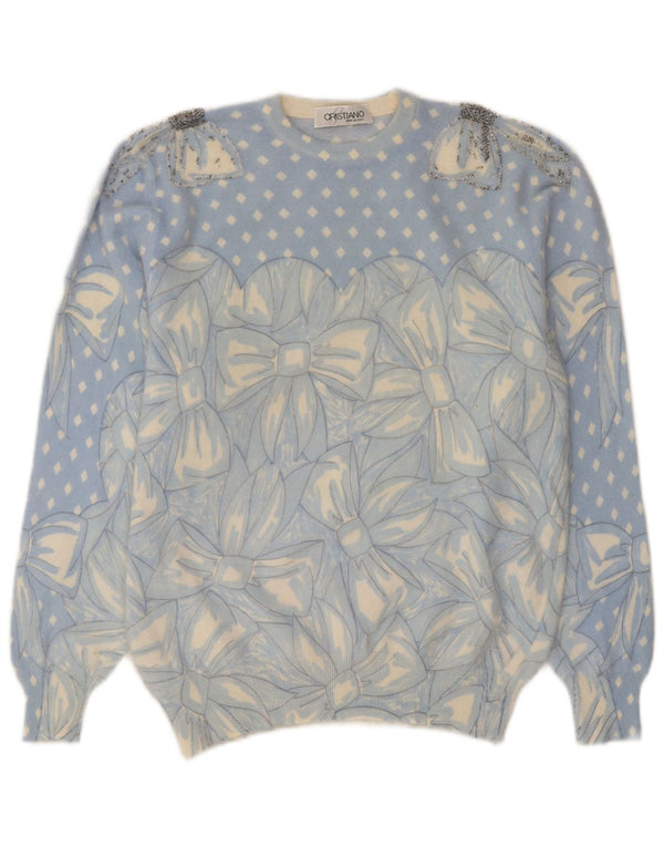 Vintage Womens Crew Neck Jumper Sweater UK 12 Medium Blue Floral Angora
