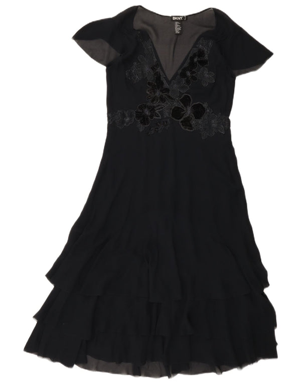 Dkny Womens Tiered Dress US 4 Small Navy Blue Floral Silk