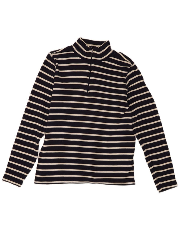 L.L.Bean Womens Zip Neck Top Long Sleeve UK 10 Small Navy Blue Striped
