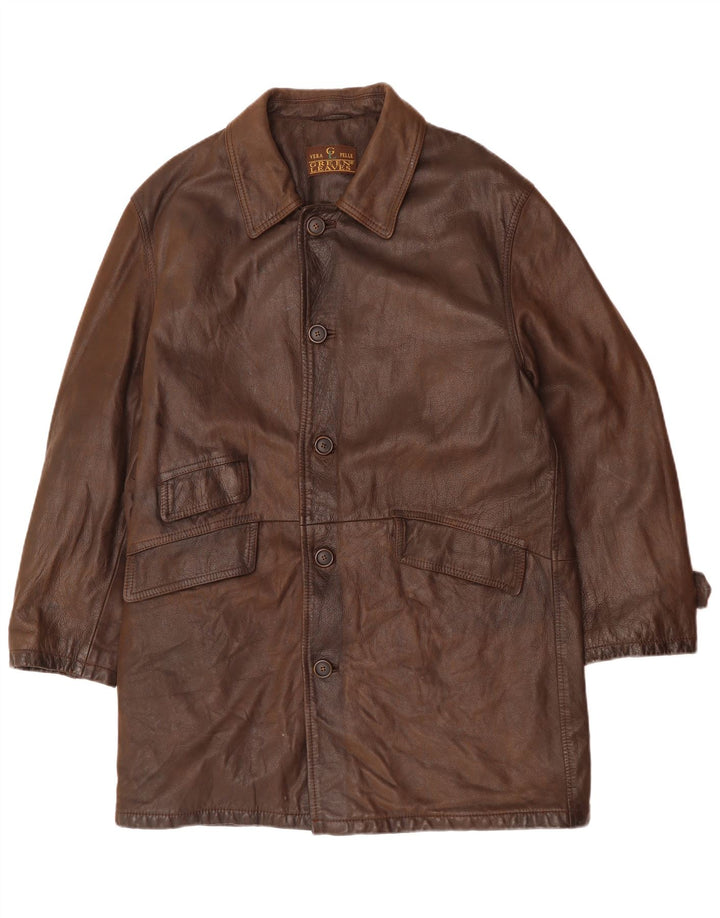 Green Leaves Mens Leather Coat UK 40 Large Brown Leather