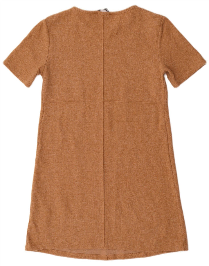 Zara Womens Short Sleeves Shift Dress UK 12 Medium Beige Cotton