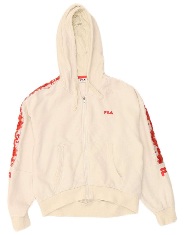 FILA Womens Oversized Graphic Zip Hoodie Sweater UK 10 Small Off White
