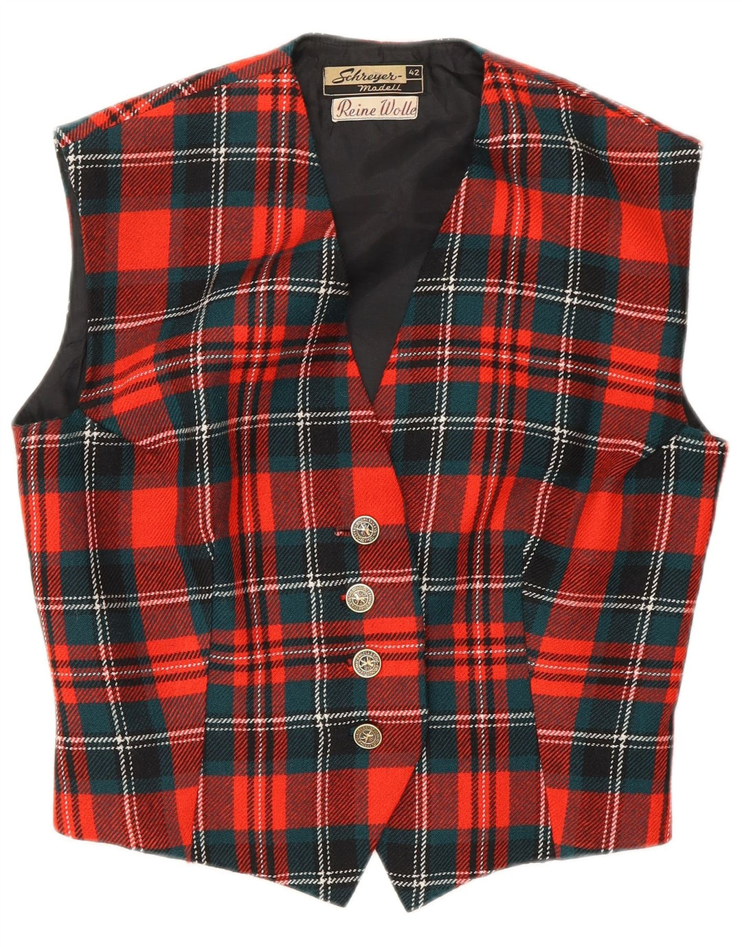 VINTAGE Womens Crop Waistcoat EU 42 Large Red Plaid Virgin Wool
