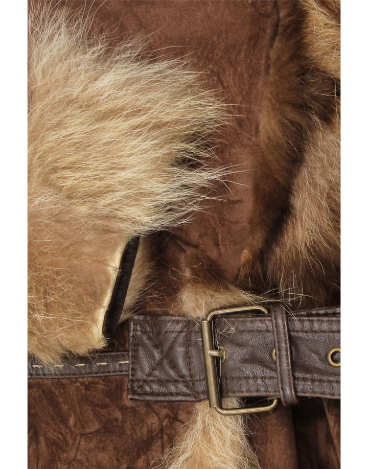 Rene Derhy Womens Suede Fur Overcoat UK 14 Medium Brown Leather