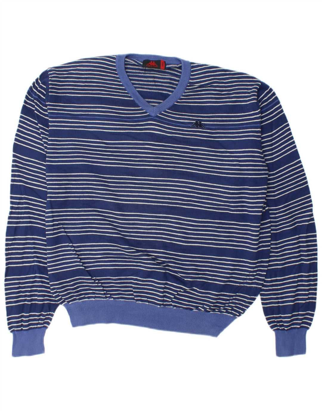 Kappa Mens V-Neck Jumper Sweater Large Navy Blue Striped Cotton