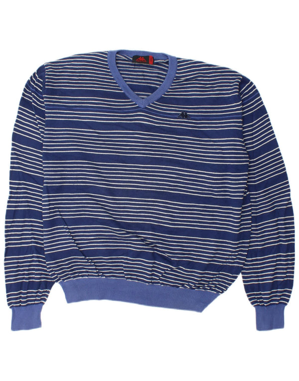 Kappa Mens V-Neck Jumper Sweater Large Navy Blue Striped Cotton