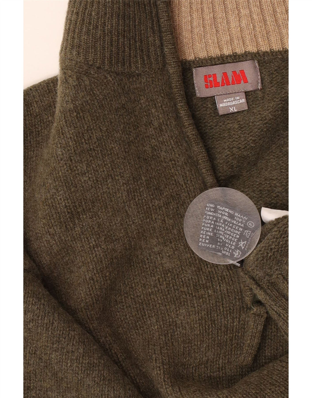 Slam Mens Zip Neck Jumper Sweater XL Khaki Virgin Wool