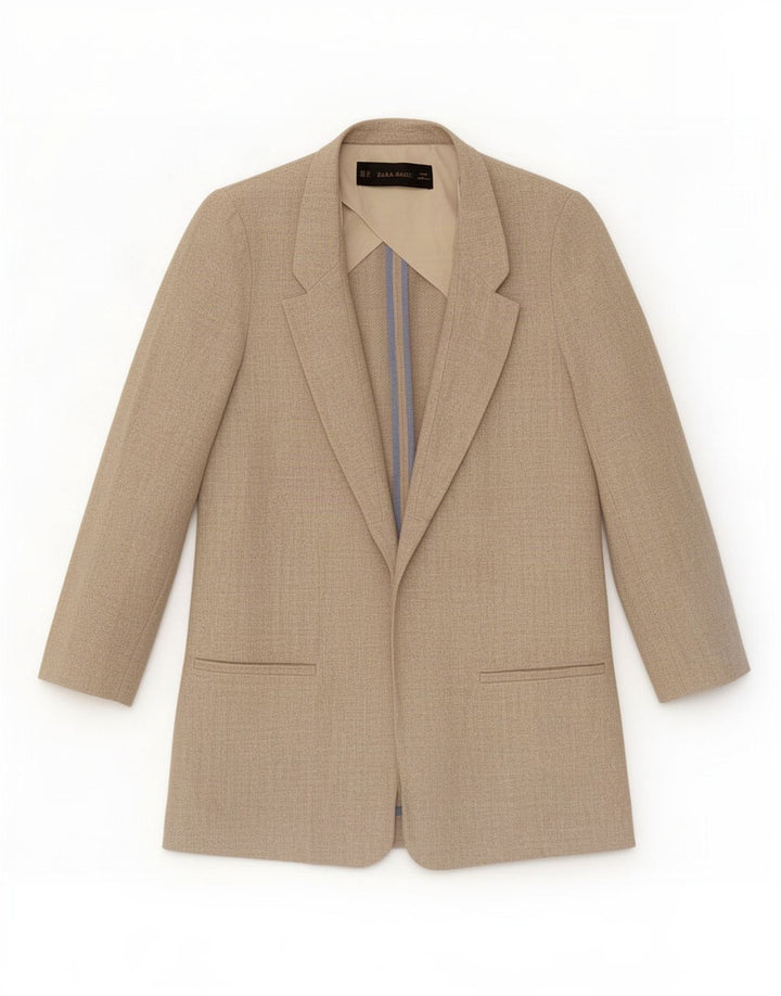 Zara Womens Oversized Open Blazer Jacket UK 6 XS Beige Linen