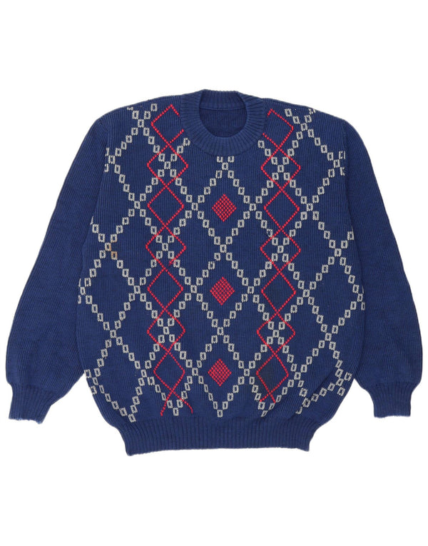 Vintage Mens Crew Neck Jumper Sweater Large Blue Argyle/Diamond