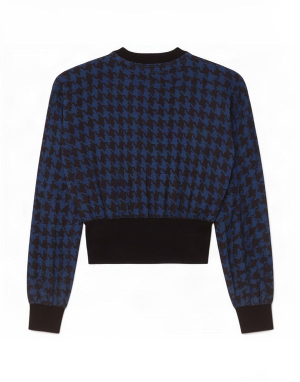Vintage Womens Long Sleeve Blouse Top UK 12 Medium Blue Houndstooth Cotton