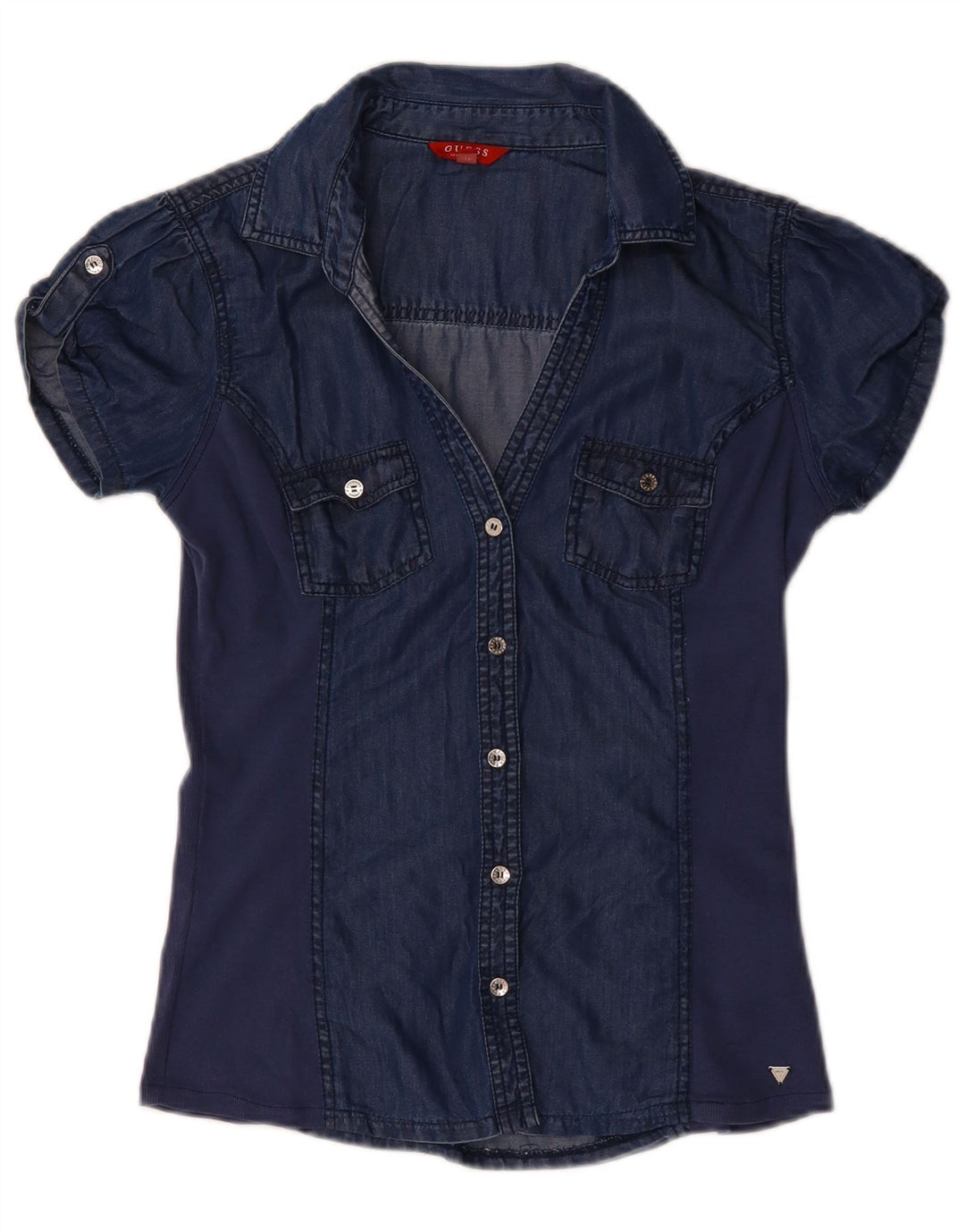 GUESS Womens Short Sleeve Denim Shirt Blouse UK 12 Medium Navy Blue Tencel