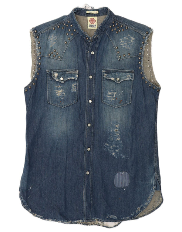 Franklin Marshall Mens Slim Fit Distressed Sleeveless Denim Shirt XL Blue