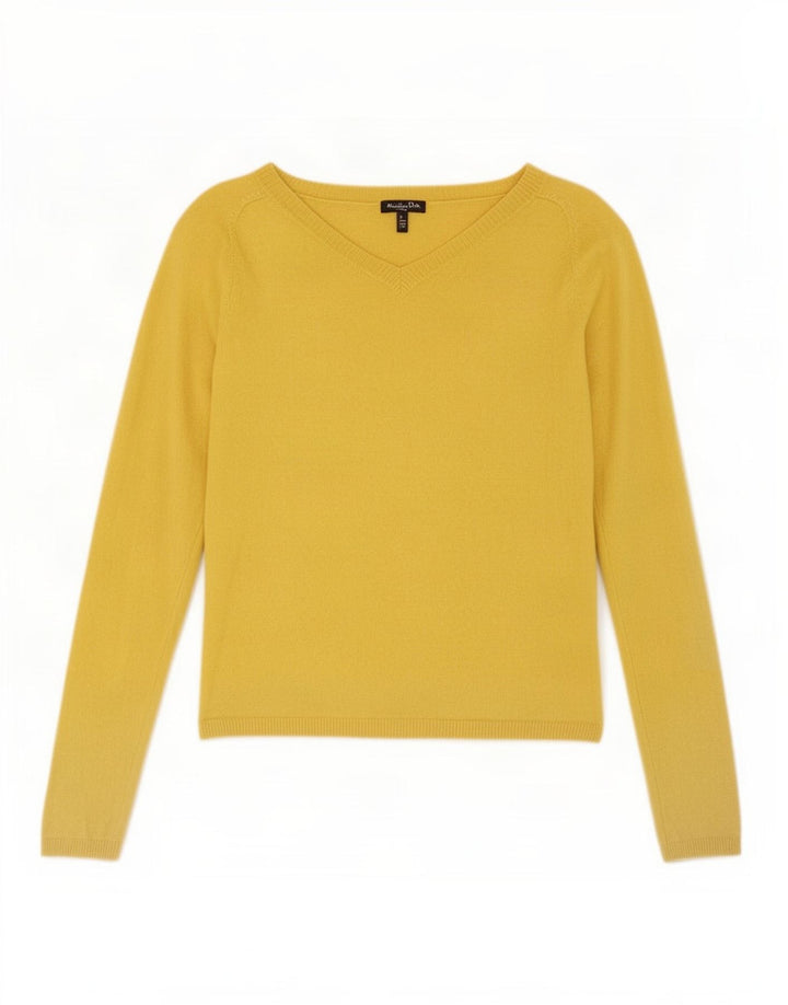 Massimo Dutti Womens V-Neck Jumper Sweater UK 14 Large Yellow Silk