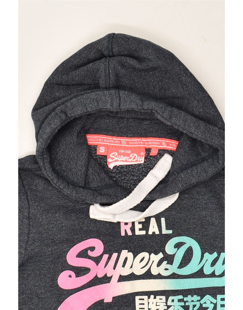 SUPERDRY Womens Graphic Hoodie Jumper UK 8 Small Navy Blue Flecked Cotton | Vintage Superdry | Thrift | Second-Hand Superdry | Used Clothing | Messina Hembry 