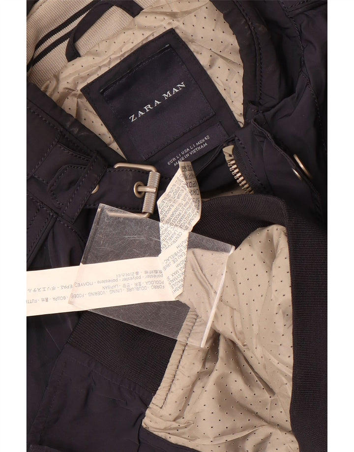 Zara Mens Bomber Jacket UK 40 Large Navy Blue Polyester