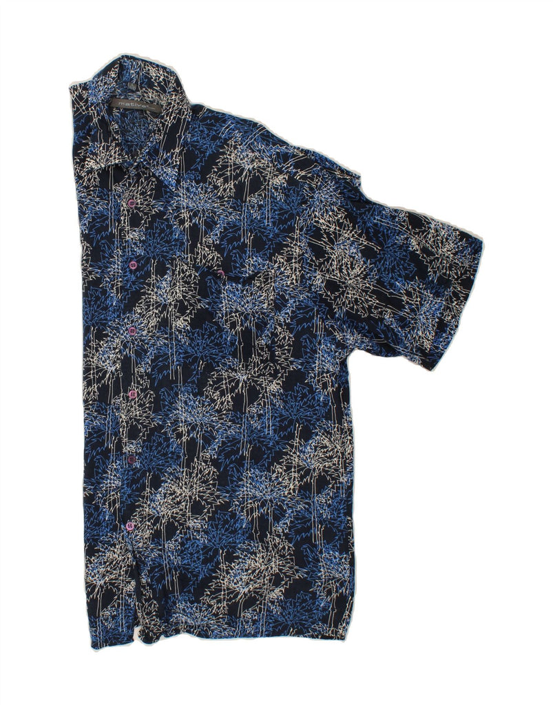 VINTAGE Mens Abstract Pattern Short Sleeve Shirt Large Navy Blue Viscose Vintage Vintage and Second-Hand Vintage from Messina Hembry 