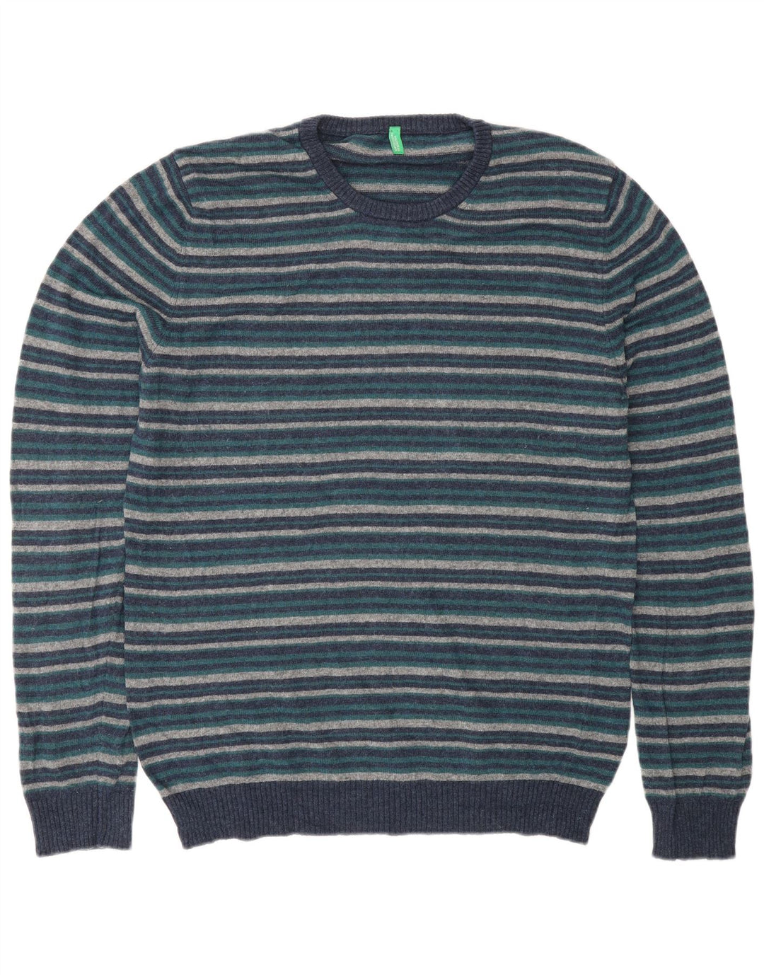 BENETTON Mens Crew Neck Jumper Sweater Large Navy Blue Striped Wool