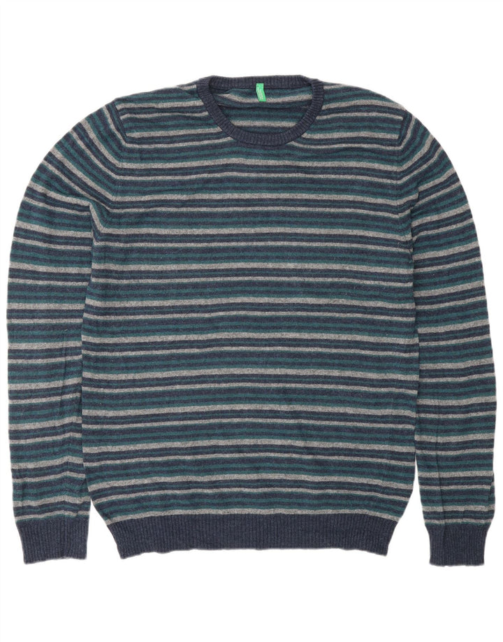 BENETTON Mens Crew Neck Jumper Sweater Large Navy Blue Striped Wool
