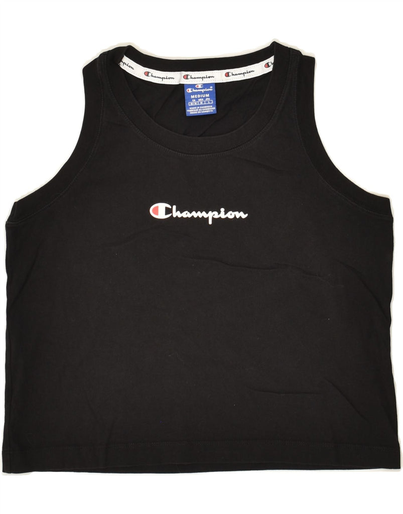 CHAMPION Womens Crop Graphic Vest Top UK 12 Medium Black Cotton Vintage Champion and Second-Hand Champion from Messina Hembry 