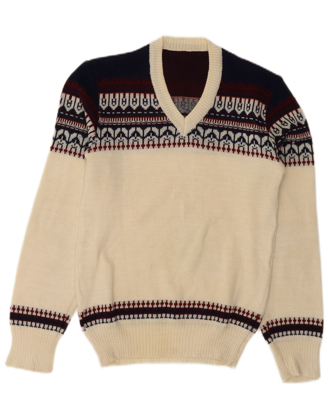 Vintage Mens V-Neck Jumper Sweater XS Off White Fair Isle