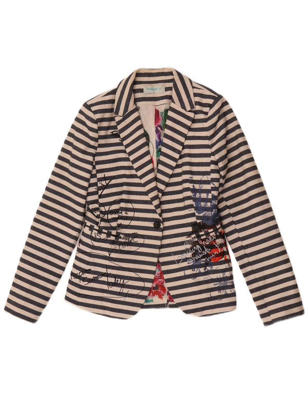 Desigual Womens Graphic Blazer Jacket EU 38 Medium Navy Blue Striped