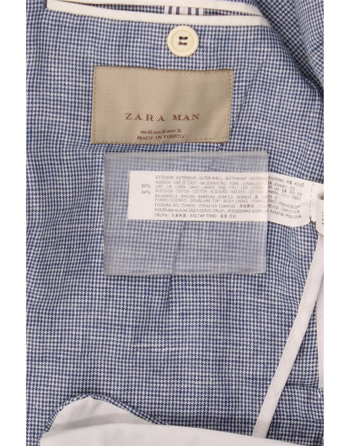 Zara Mens 2 Button Blazer Jacket EU 46 Small Blue Houndstooth Linen