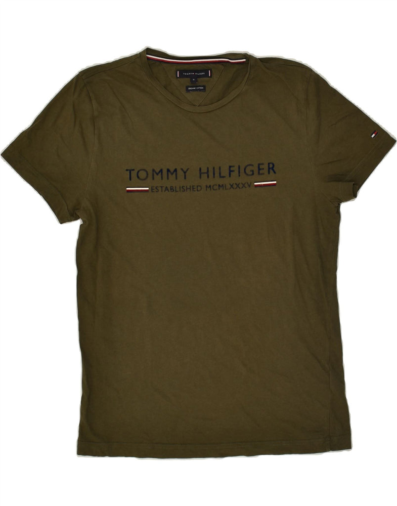 TOMMY HILFIGER Mens Graphic T-Shirt Top Medium Khaki Cotton | Vintage Tommy Hilfiger | Thrift | Second-Hand Tommy Hilfiger | Used Clothing | Messina Hembry 