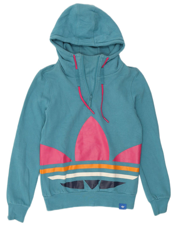 Adidas Womens Graphic Zip Neck Hoodie Jumper IT 44 Medium Blue Cotton