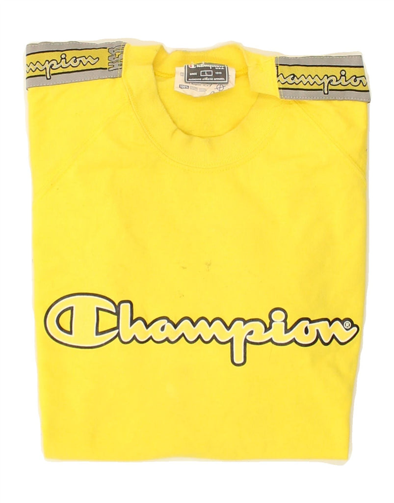 CHAMPION Mens Graphic T-Shirt Top Large Yellow Cotton | Vintage Champion | Thrift | Second-Hand Champion | Used Clothing | Messina Hembry 