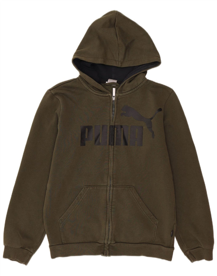 PUMA Boys Graphic Zip Hoodie Sweater 13-14 Years Khaki Cotton