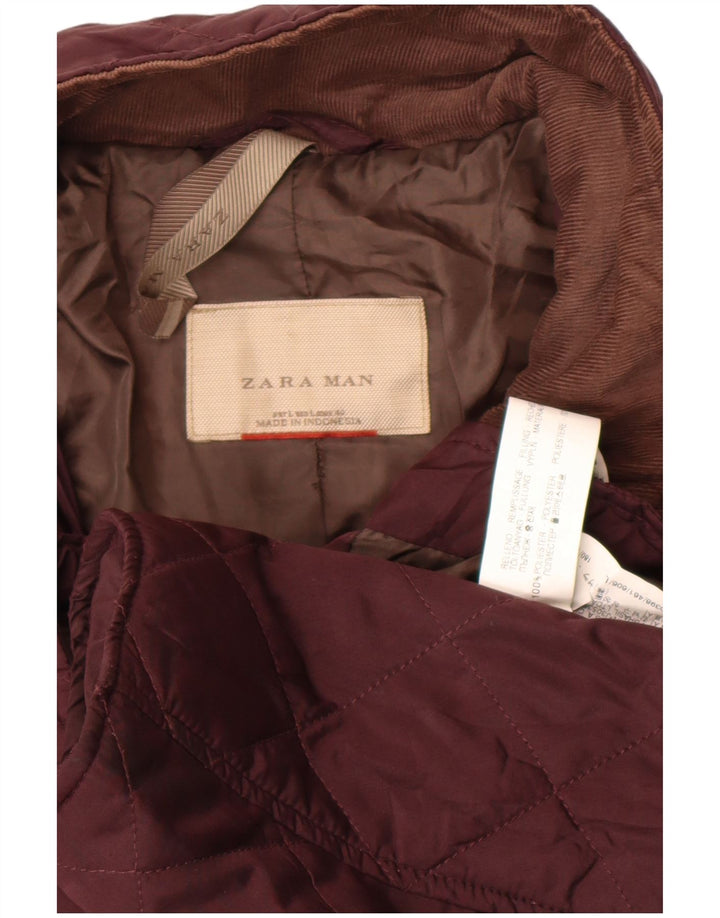Zara Mens Quilted Jacket UK 40 Large Burgundy Polyester