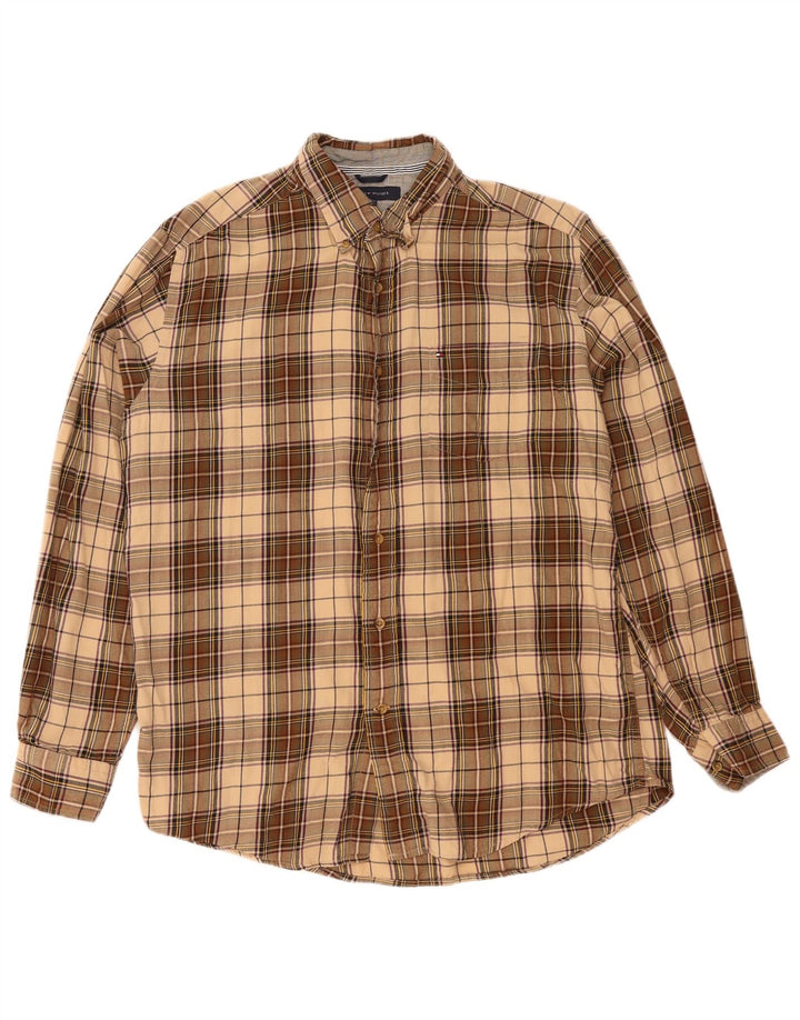Tommy Hilfiger Mens Flannel Shirt Large Beige Check Cotton