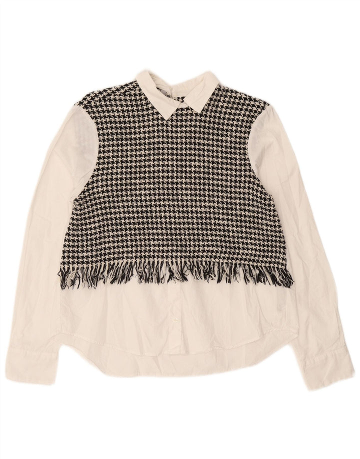 Zara Womens Long Sleeve Oversized Blouse Top UK 6 XS White Houndstooth