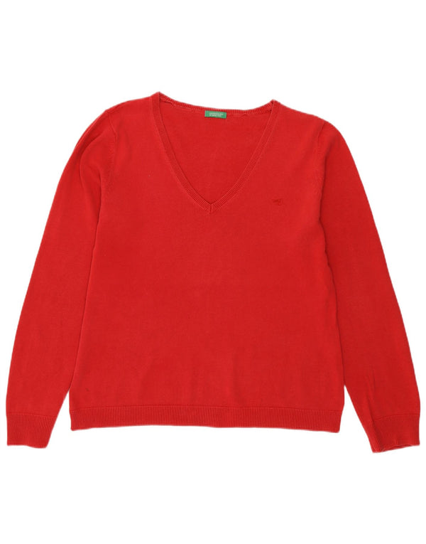 Benetton Womens V-Neck Jumper Sweater UK 12 Medium Red