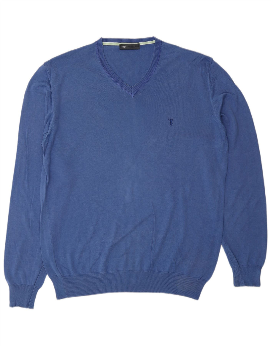 TRUSSARDI Mens V-Neck Jumper Sweater Large Blue Cotton