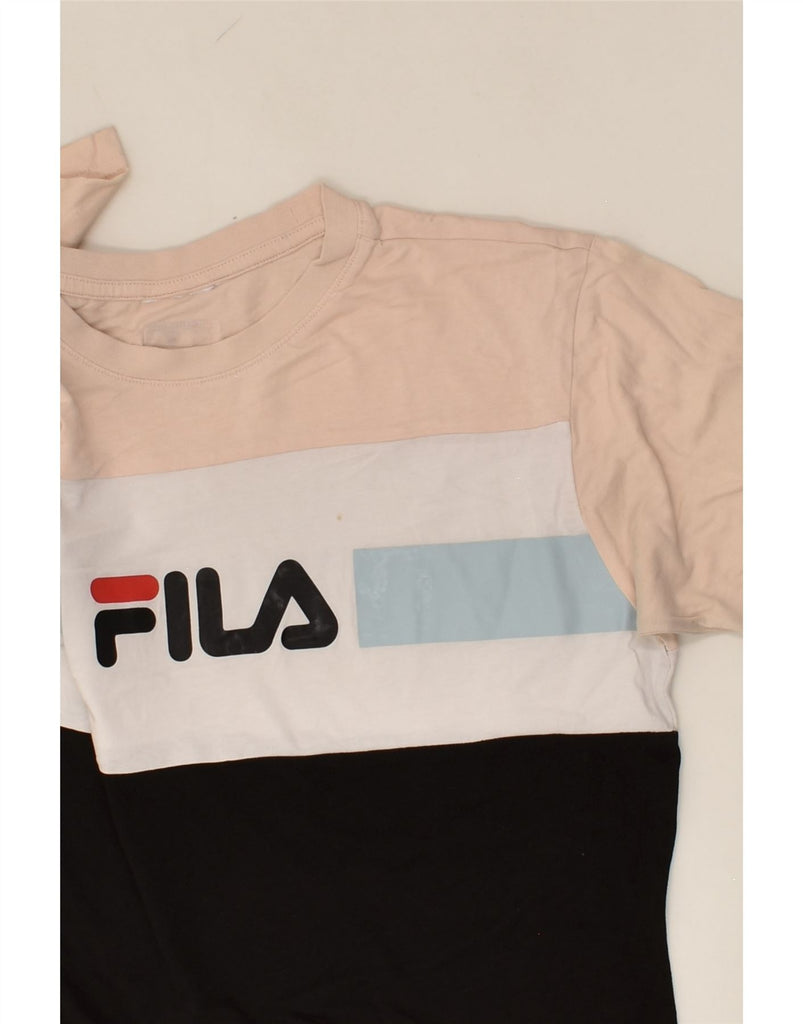FILA Womens Graphic T-Shirt Top UK 10 Small Black Colourblock Cotton | Vintage Fila | Thrift | Second-Hand Fila | Used Clothing | Messina Hembry 