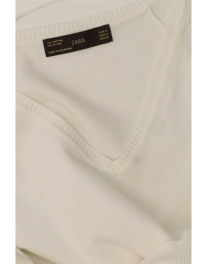 Zara Womens V-Neck Jumper Sweater UK 12 Medium White Cotton