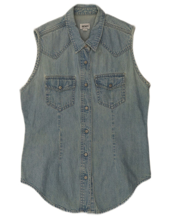 Vintage Womens Sleeveless Denim Shirt UK 14 Large Blue Cotton