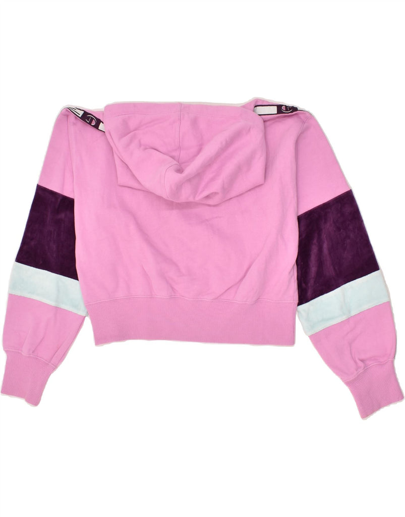 CHAMPION Womens Crop Graphic Hoodie Jumper UK 12 Medium Pink Colourblock | Vintage Champion | Thrift | Second-Hand Champion | Used Clothing | Messina Hembry 